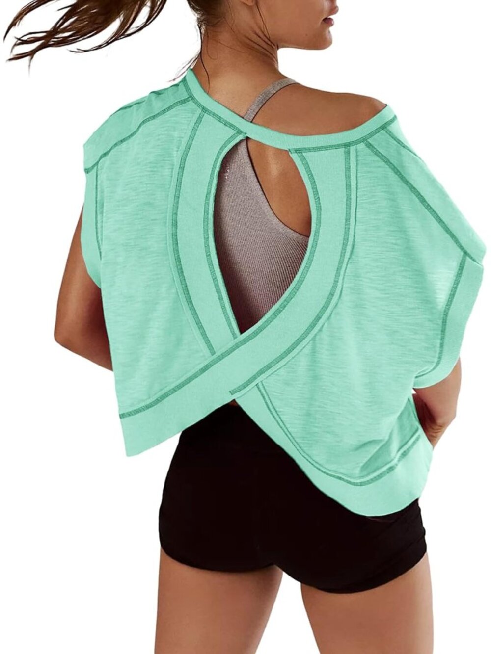 〽️ Women's Green Short Sleeve Open Back Workout Y2K Slouchy Athletic Gym Tops